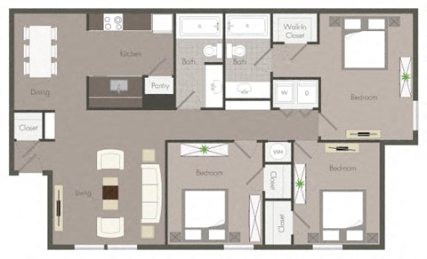 The Brockett - Three Bedroom Two Bathroom Floor Plan at Clarkston Station Apartments, Clarkston
